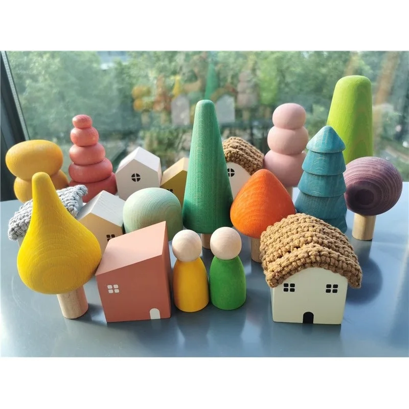 Kids Wooden Toys Color Nordic Buiding Blocks Stacking Crochet House Rainbow Forest Trees Dinosaur Animals
