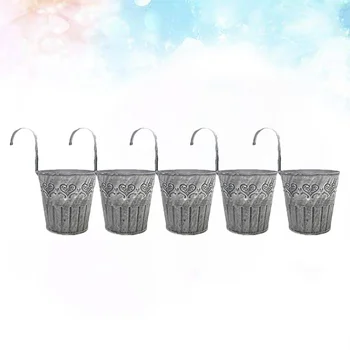 

5PC Craft Old Iron Flower Bucket with Hooks Vintage Decorative Artificial Plants Succluents Bucket Printing Potted Flower Holder