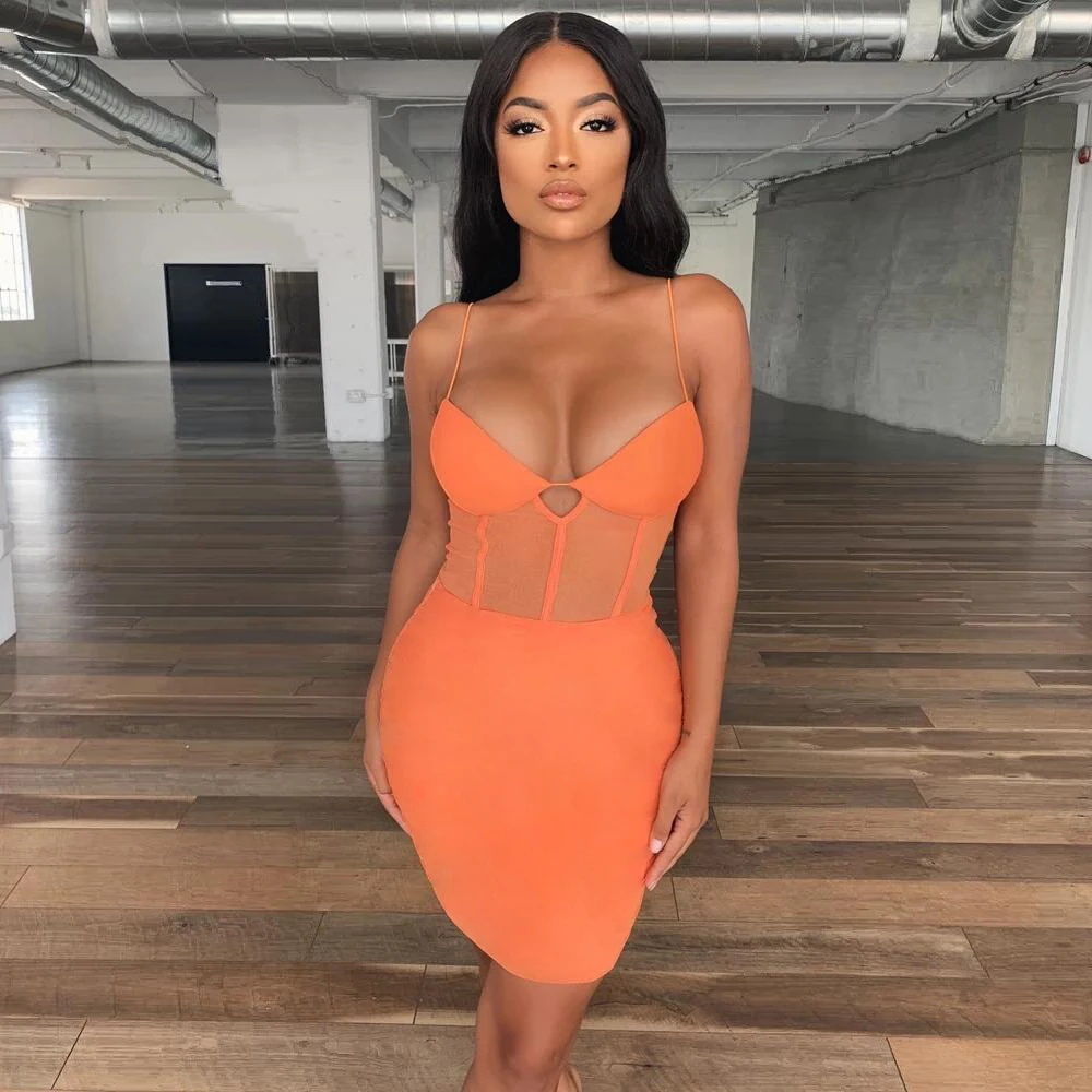 2019 New Fashion Sexy Women Sheath V Neck Spaghetti Strap See-through Party Dresses Lady Bodycon Orange Key Hole | Женская одежда