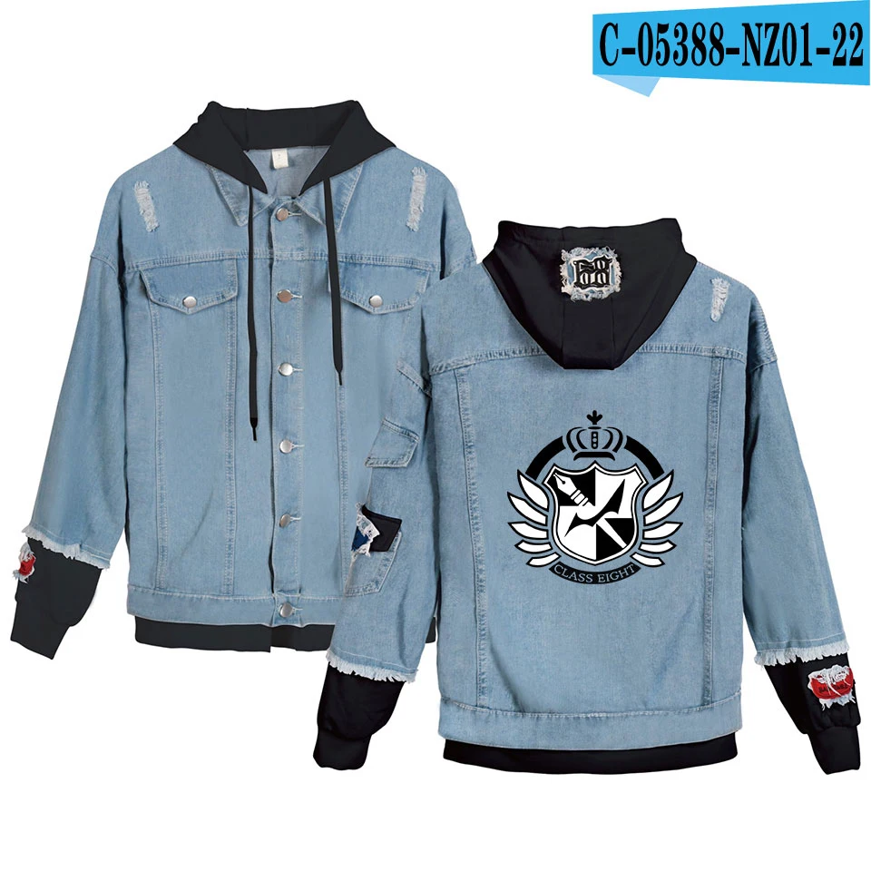 Women/men Dangan Ronpa Hooded Denim Jacket For Women Casual Jeans Jacket Holes Vintage Coat Female loose Streetwear Basic Coats - Цвет: 1