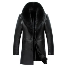 Зимнее Новое мужское кожаное пальто средней длины с большим меховым воротником