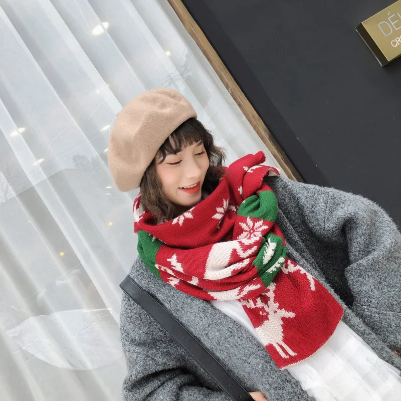 Winter Scarves Women Korean Girls Sweet Vintage Christmas Lovely Elks Printed 2 in 1 Warm Shawl Long Blacket Scarf Red Gifts