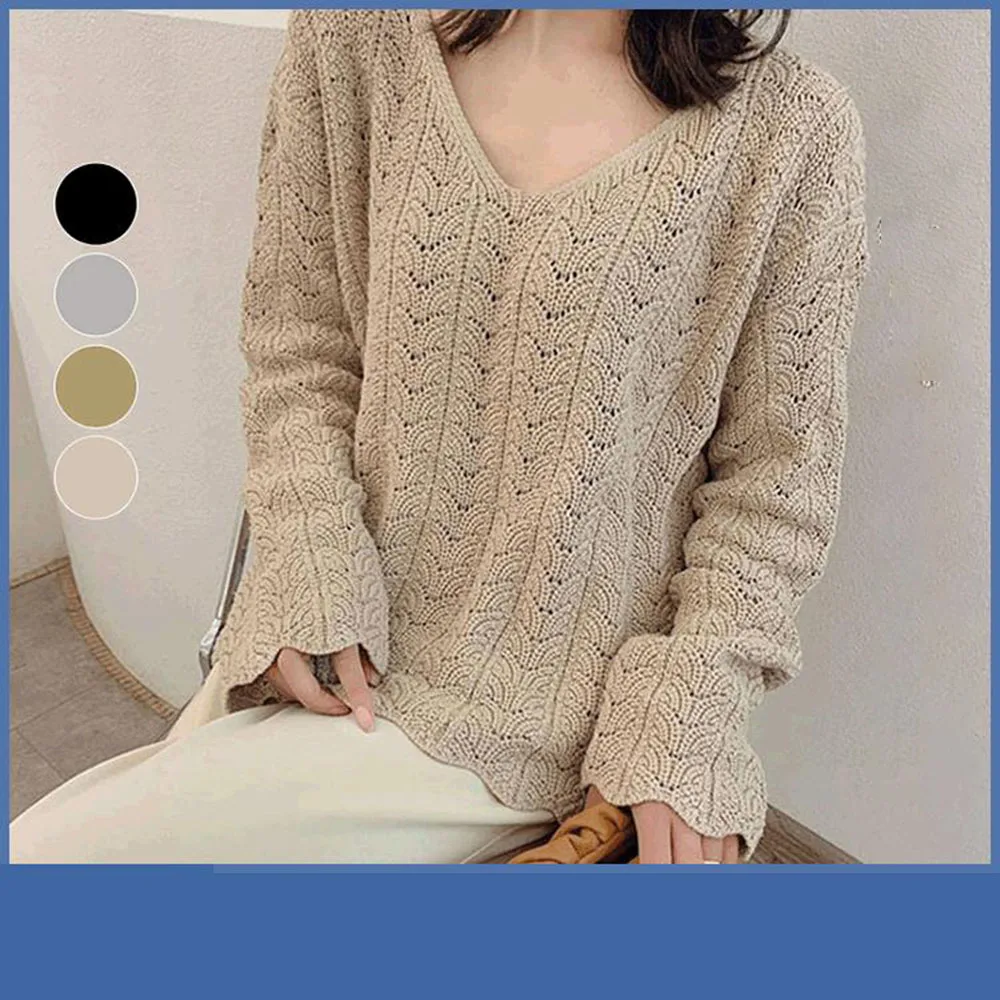 

Chic Girls Sweater Autumn New Simple Comfortable Loose V-neck Hollow Knitted Petal Sleeve Long Sleeve Sweaters Women Jumper
