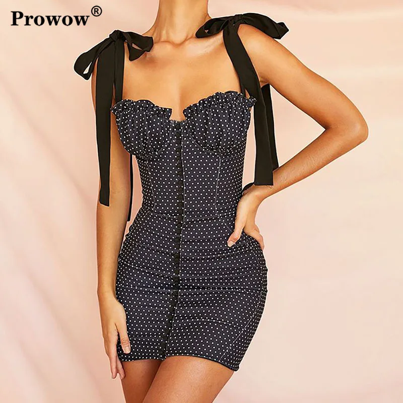 

Polka Dot Mini Bodycon Dress Women Bow Knot Tie Up Shoulder Sleeveless Ruffle Collar High Waist Tight Backless Sexy Dress Summer