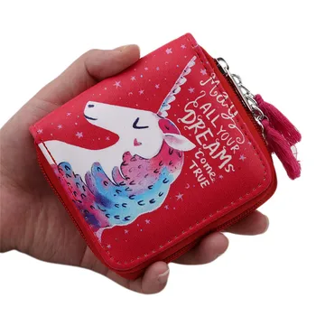 

Women PU Leather Short Wallet Luxury Brand Famous Unicorn Printed Zip Wallet Coin Card Holder Phone Card Female Clutch