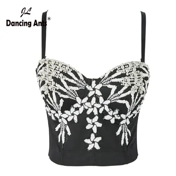 

Sexy Camis For Night Club Floral Women Tank Tops Slim Pearl Vest Bling Spaghetti Strap Woman Top Elegant Chic Womens Clothes