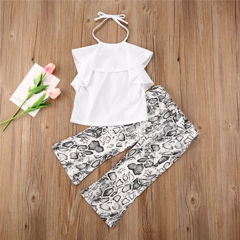 

Kids Baby Girls Summer Clothes Sets Ruffle Halter Vest Tops Snakeskin Print Long Pants 2Pcs Girl Summer Outfits 1-6Y