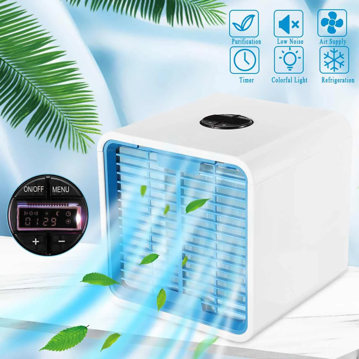

Portable Air Conditioner Cooler Cooling Fan Purify Humidifier USB Charging 6 Colors LED Lights 3 Speed 600ml Capacity Water Tank
