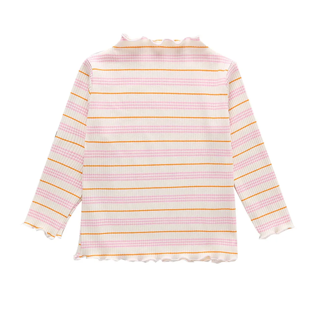 Хлопковый свитер в рубчик для маленьких девочек; коллекция года; осенние свитера для девочек; свитера в полоску с рюшами; вязаная детская одежда; пуловер для девочек; Топ - Цвет: Розовый