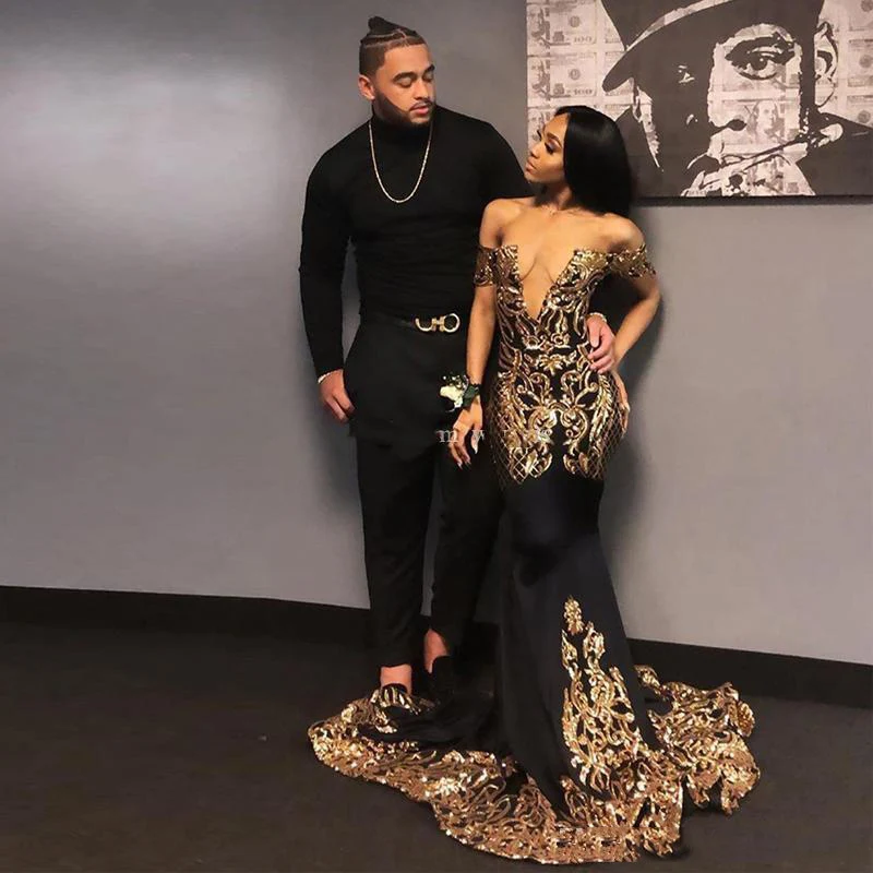 

Sexy African Black Mermaid Evening Dresses 2020 Long Gold Sequin Off the Shoulder Prom Gowns party dress Plus Size