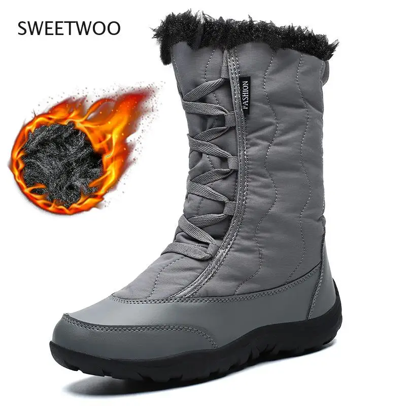 Snow Boots Women New Winter Warm Plush Booties Mid-Calf Waterproof Ladies Shoes Round Toe Platform