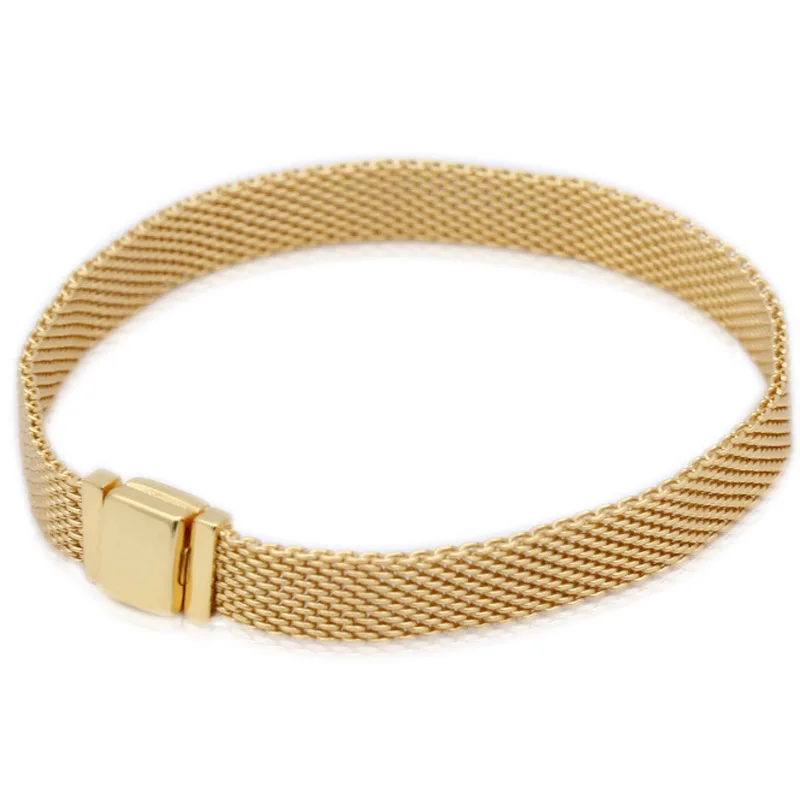 925 пробы серебряный браслет золотого цвета Блестящий тканый сетчатый Браслет reflexions браслет подходит для женщин Шарм из бисера Европа Diy ювелирные изделия