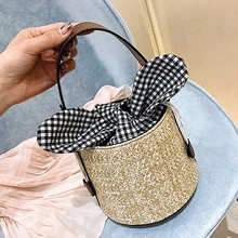 2020 Casual Bow Rattan Bucket Bag Wicker Woven Women Shoulder Crossbdoy Bags Summer Beach Straw Bag Lady Small Bali Purses Tote