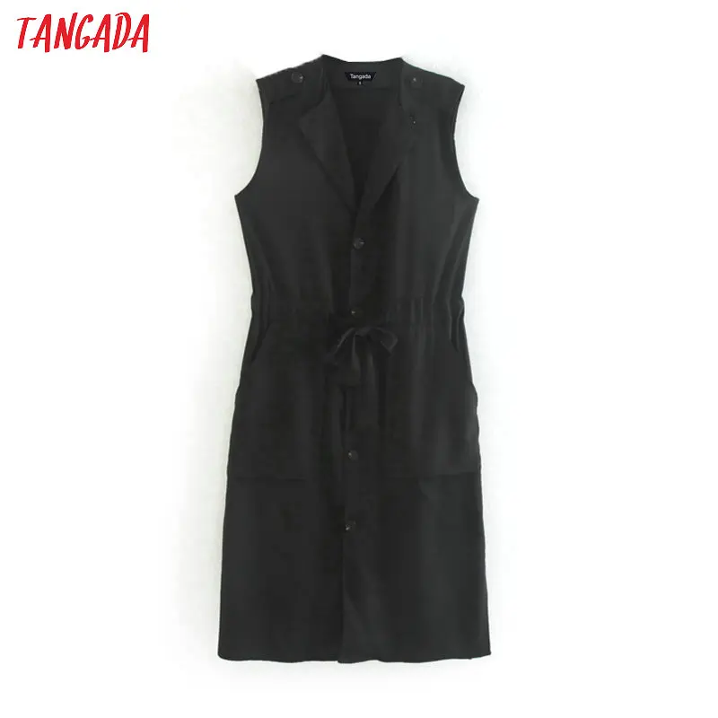 

Tangada women black elegant long vest coat vintage style ladies long waistcoat sleeveless bow belt outwear female CE402
