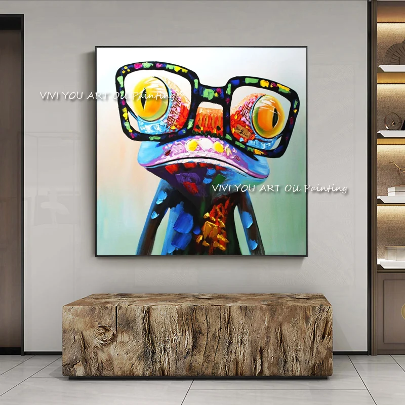 Happy Frog Animal Handpainted Oil Painting Unframed with Big Glasses Modern Art On Canvas for LivingRoom Bedroom Decor | Дом и сад