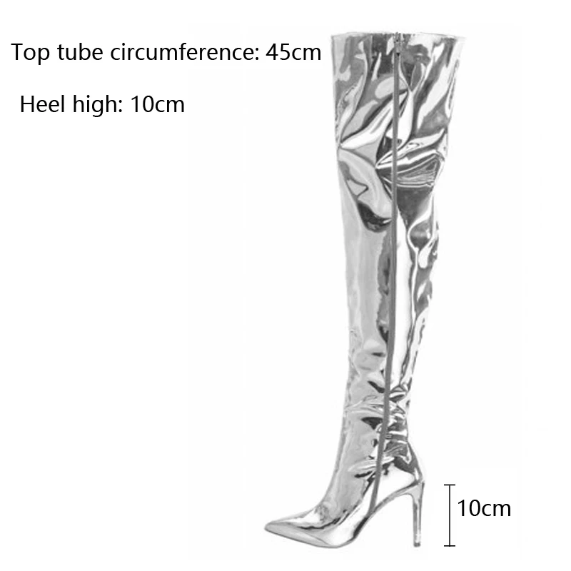 Women Boots Mirror Platform Pointy Toe High Thin Heels Over The Knee Long Boots Autumn Winter Zip Silver Casual Party Shoes