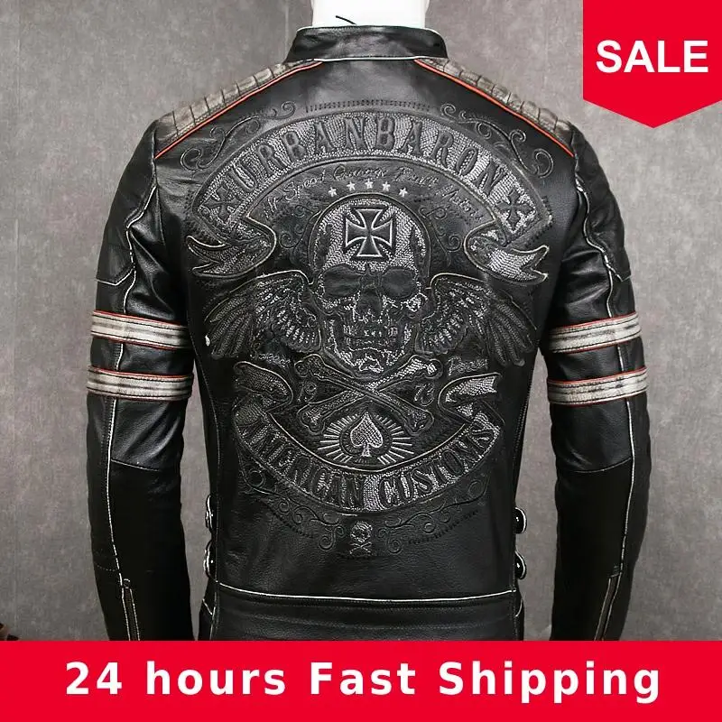 

2020 Vintage Black Men Skulls Embroidery Biker's Leather Jacket Plus Size XXXXL Genuine Cowhide Spring Slim Fit Leather Coat