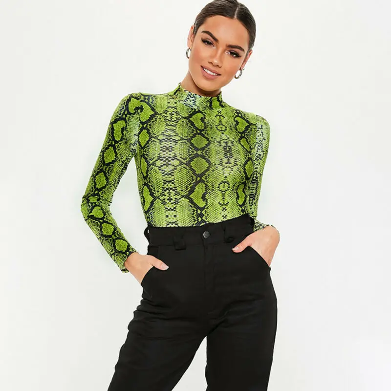 Hot Sale New Women Snake Skin Print Bodycon Bodysuit Long Sleeve High Neck Leotard Top Size