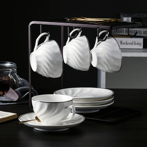 High Quality Bone China Tea Cup and Saucer Set Luxury Coffee Cup Vintage White Ceramic Coffee Cups Classic Nordic Kitchen D6D - Цвет: 4 cup saucer set