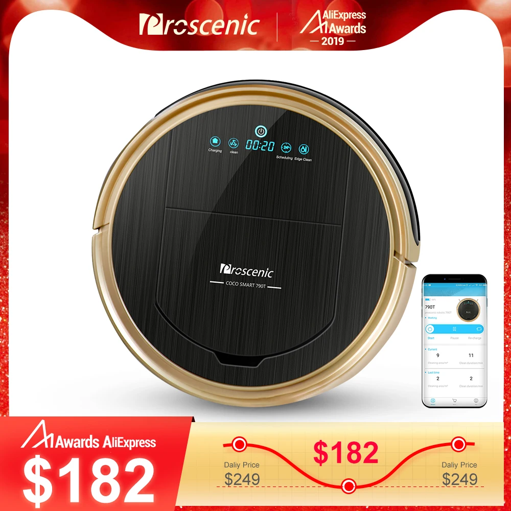 Prezzo Aspirapolvere Robot Pulitore Proscenic 790T Vuoto Mop Sweep 3 in 1 Pulitore per Peli di Animali Domestici Wifi Collegato Robot Aspirapolvere 1200Pa