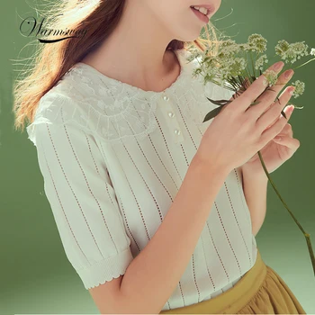 

2020 Summer Lace Turn down Collar Knitted Top New Wome Short sleeve Sweet Sweater Solid Pullover B-109
