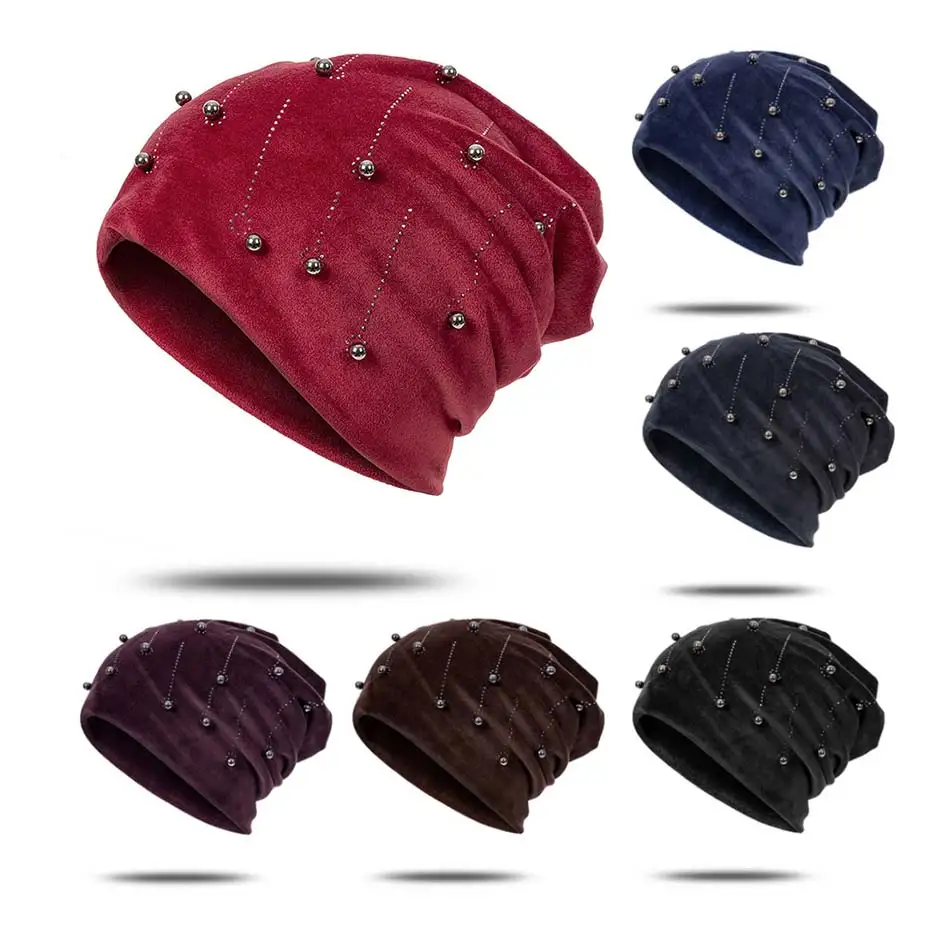 MLTBB зимняя Лыжная шапочка для Для женщин расширенные вельветовые Теплые головные уборы Skullies Beanies шапка женская Повседневное Стразы жемчужная шляпа Роскошные капота