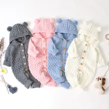 Вязаный комбинезон для новорожденных девочек и мальчиков, комбинезон с капюшоном, однотонная зимняя теплая верхняя одежда, Одежда для младенцев, комбинезон для новорожденных девочек