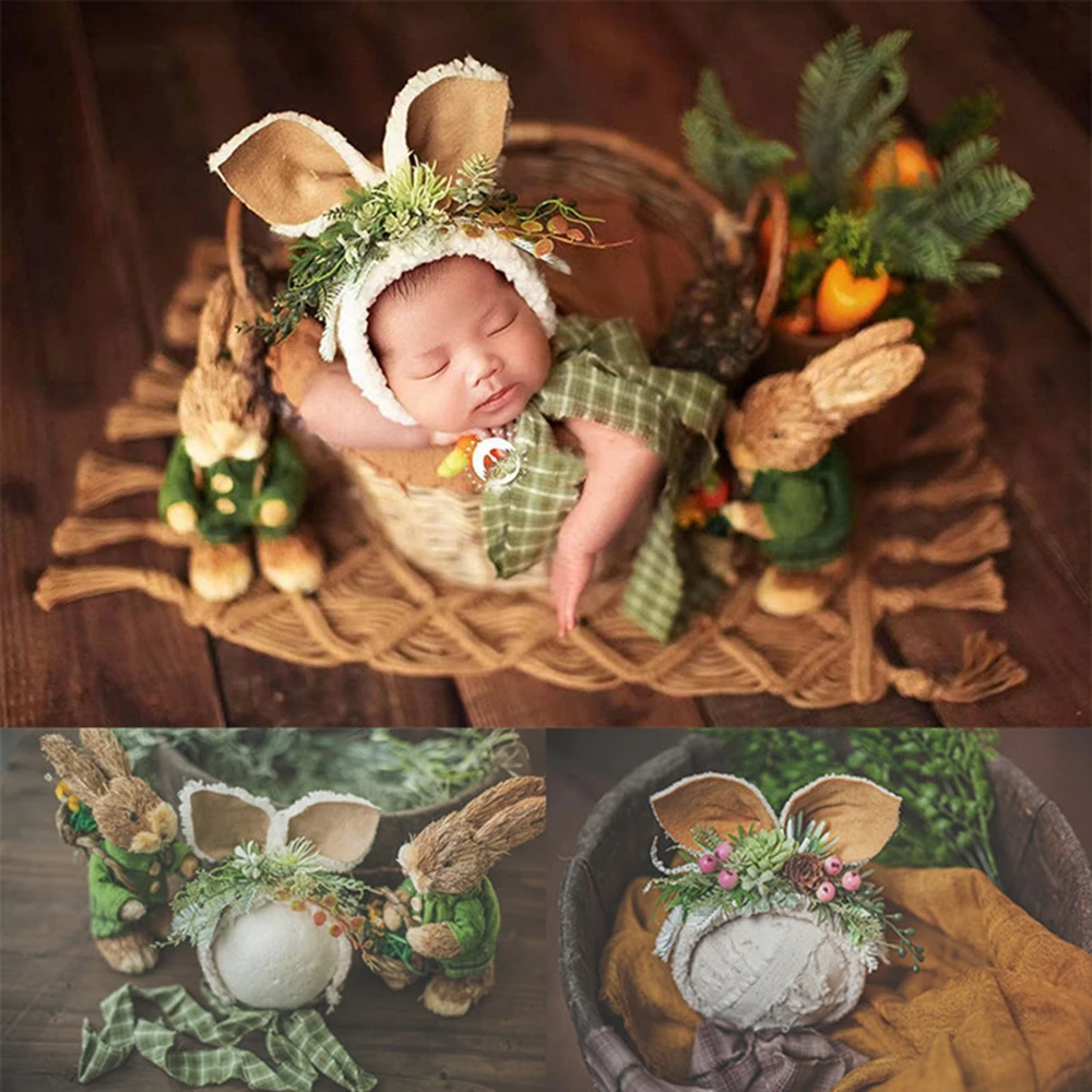 Cute Infant Baby Girls Romper Newborn Photography Props Accessories Big Ear Hat Mori Straw Rabbit Green Forest Theme Baby Girl Photo Shoot Ornaments Christmas bright baby bodysuits	