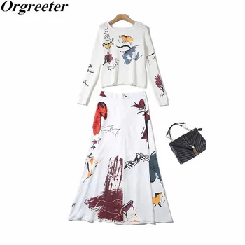 

Spring New Arrival Graffiti print Hollow out Knit Tops and Printed A-line Long Skirt Two piece Sets Women Runway Design Fashio