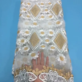 

Best Quality White Gold African Tulle Lace Fabric High Quality Embroidery French Net Mesh 2019 Nigeria Lace For Wedding Party