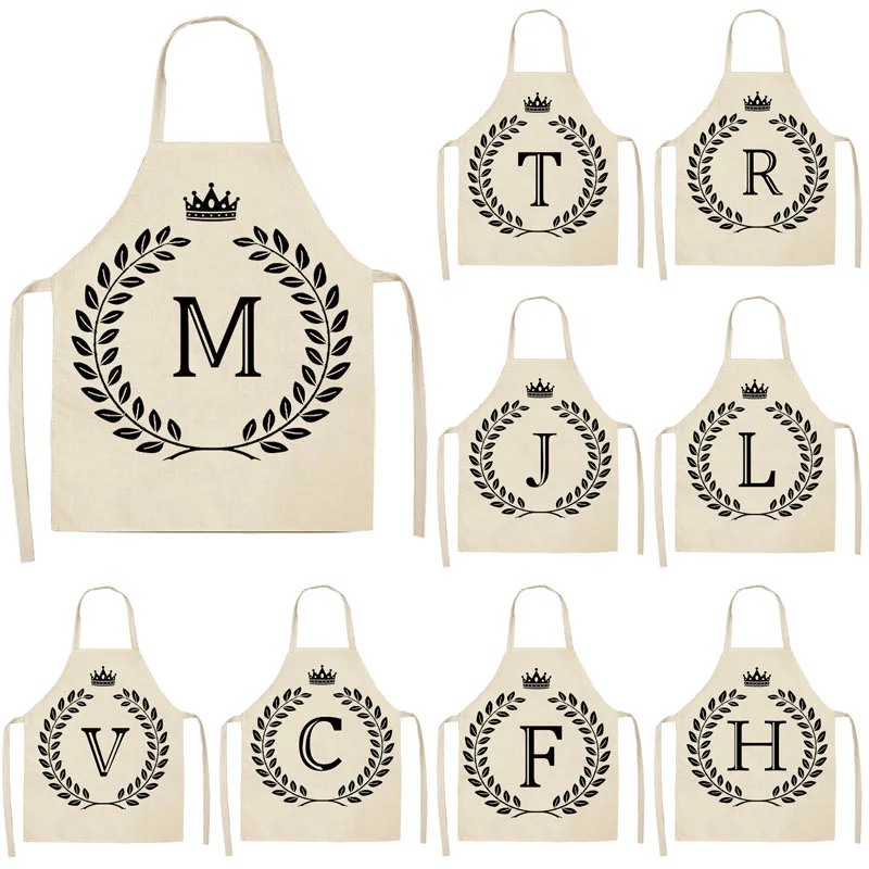 1Pcs Simple Crown Letter Printed Kitchen Apron for Woman Man Cotton Linen Aprons For Cooking Home Cleaning Tools WQTF16