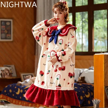 

NIGHTWA Winter Wram Night Dress for Women Coral fleece Nightgown Long Sleeve Thicken Nightgown Femme Cute Sleepwear Homewear