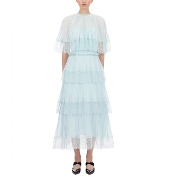 

Gedivoen Fashion Designer Summer Dress Women Elegant Solid Blue Mesh Cascading Ruffle Pleated Dress Party Lady Midi Dresses