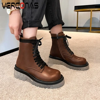 

VERCONAS Cross-Tied Ankle Boots For Women Genuine Leather Casual Shoes Woman Autumn Winter Platforms Side Zipper Martin Boots