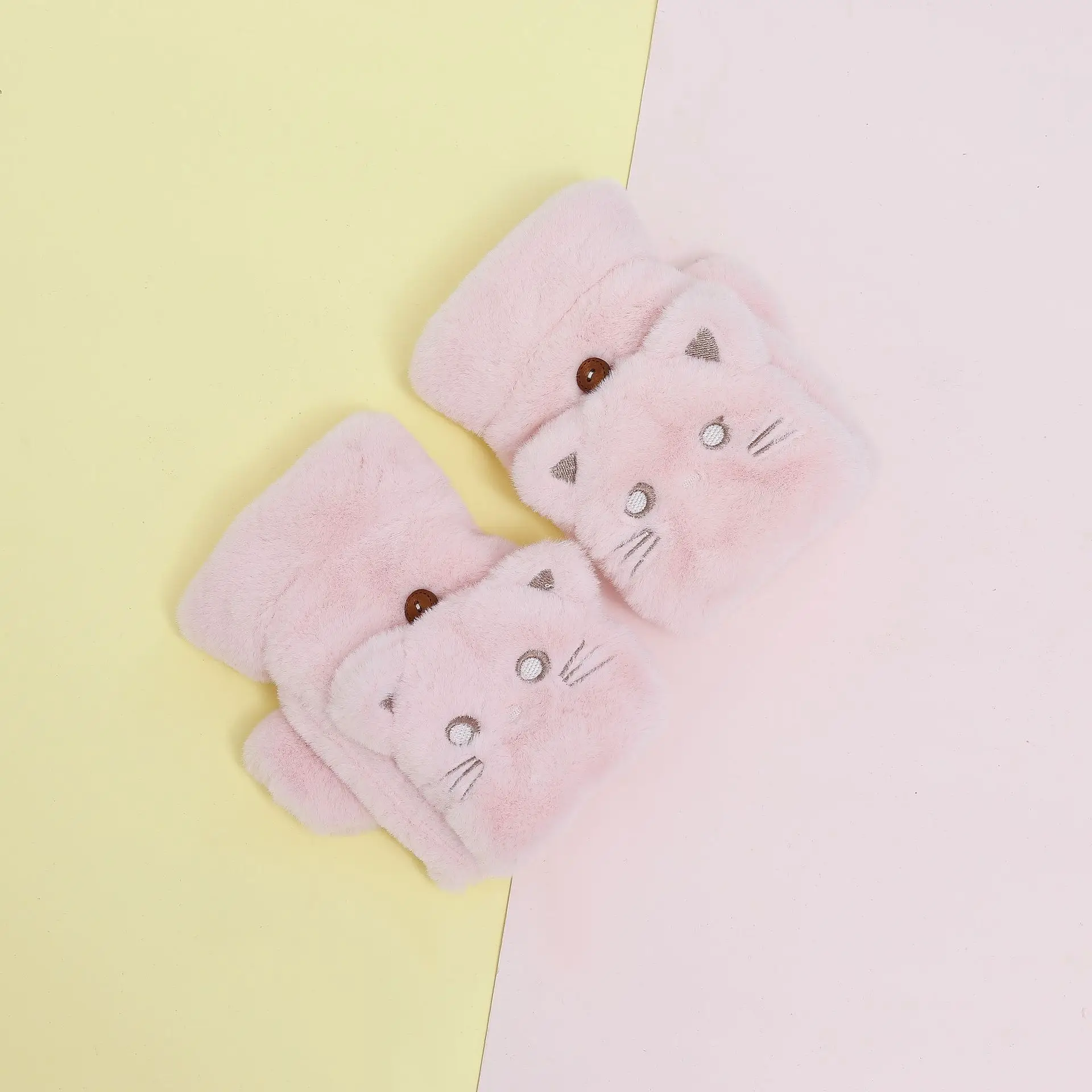 Light pink Взрывные зимние теплые женские перчатки для студентов с милым мультяшным котом плюс бархатные утолщенные уличные перчатки на половину пальца для сенсорного экрана - Цвет: Light pink