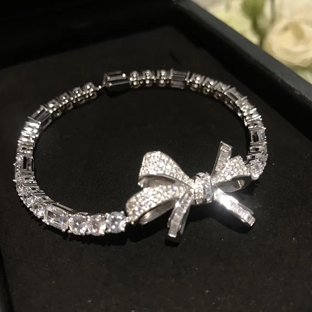 $US $62.00 Women's Classic Fashion Zircon Bow S925 Sterling Silver Bracelet Original Brand High Quality Jewelry Logo Exquisite Gift