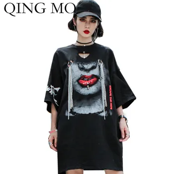 

QING MO Black Women Hip Hop Dress 2020 Spring Women Three Quarter Dress With Chain Female Character T Shirt Dress ZQY3190