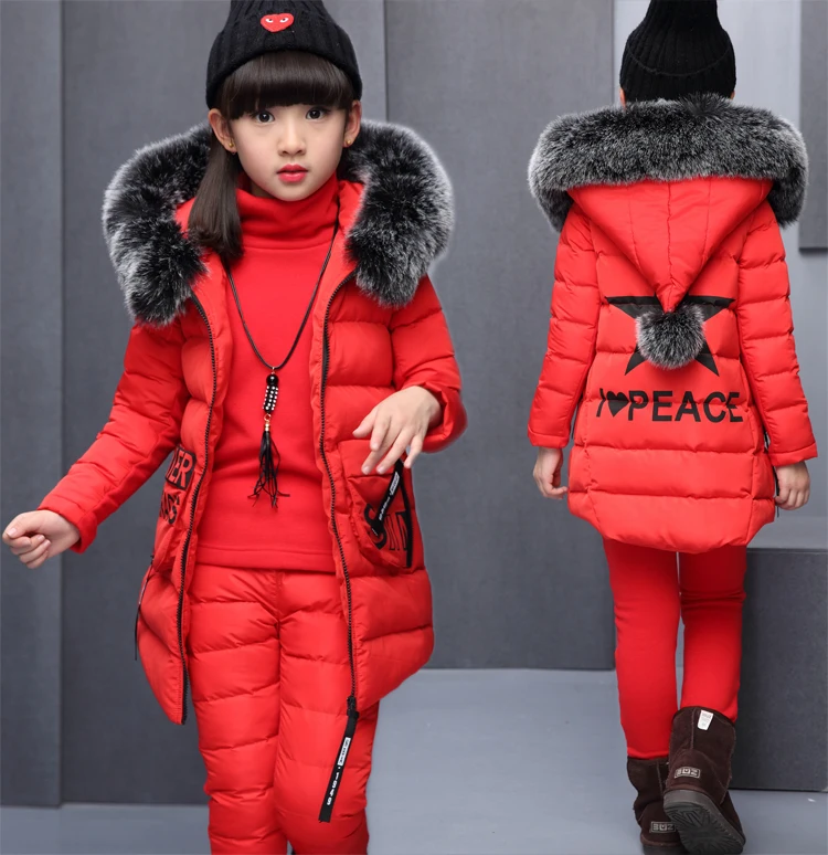 Girls Clothing Sets For Russia Winter Hooded Warm Vest Jacket top Cotton Pants 3 Pieces Set Kid Girl Cotton Coat Fur Collar Hood - Цвет: Красный