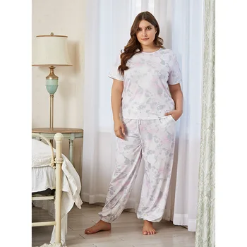 

Plus size home service fat lady plus size home service two-piece printed comfortable round neck loose pajamas suit