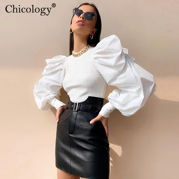 

Chicology ribbed long lantern sleeve T-shirt lady vintage t shirt crop top 2019 autumn winter women sexy party casual clothes