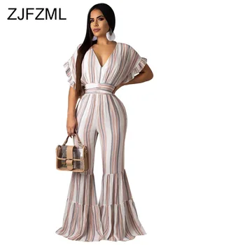 

Stripe Print Sexy Bodycon Jumpsuits Women Deep V Neck Short Ruffle Sleeve Flare Bodysuit Summer Backless Beach One Piece Overall