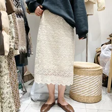 Осень Зима Новая Женская Корейская эластичная юбка с высокой талией, кружевная юбка с цветочным узором, прямая элегантная тонкая юбка