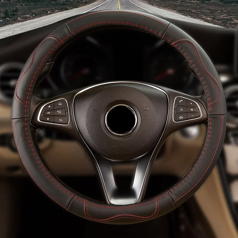 

37cm/38cm Luxury Genuine Leather Universal Steering Wheel Cover Cow Skin Anti-slip Sweat-absorbent Braid on The Steering Wheel