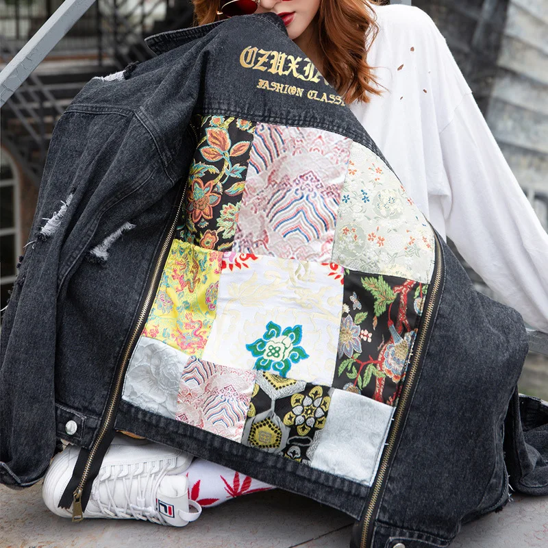 Bf Harajuku черная джинсовая куртка для женщин Осень Зима Свободные вышивка цветок лоскутное джинсы куртка молния сзади принт джинсовое пальто