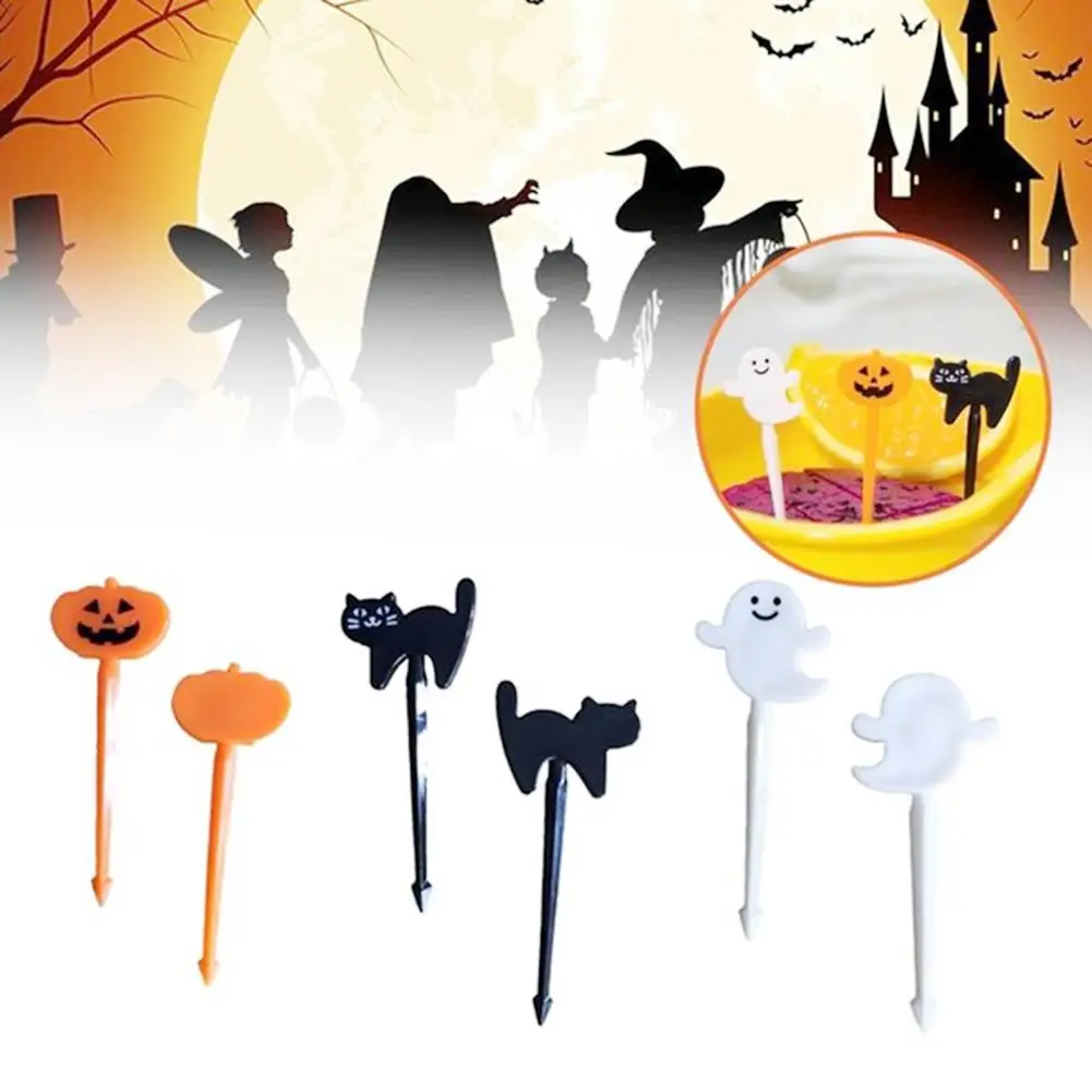 6Pcs Halloween Cats Pumpkin Ghost Kitchen Fruit Pick Fork Toothpick Dinner Decor