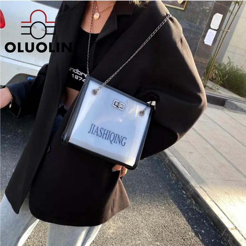 

Women Fresh Bags Summer Transparent Lock Letter Printed Female Shoulder Crossbody Bag Long Chain Small Bag Street Outdoor Pouch