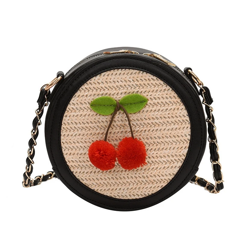 

Summer Straw Cherry Small Round Bag Fashion Woven Chain Bag Shoulder Messenger Bag Female