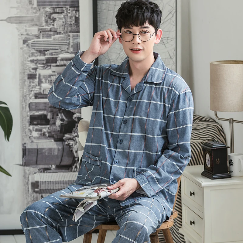 Winter 100% Pure Cotton Pajamas Men 2 Pieces Lounge Sleepwear Bedgown Men PJ Pijama Hombre Home Clothes Plus Size Pyjama Homme