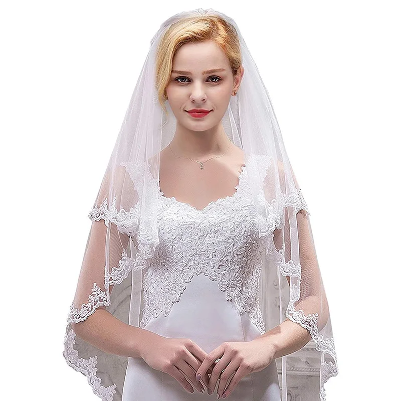 

Women's Short 2 Tier Tulle Sheer Lace Wedding Bridal Veil with Comb Velos De Novia Fingertip Vail Ivory Veil Two Layer