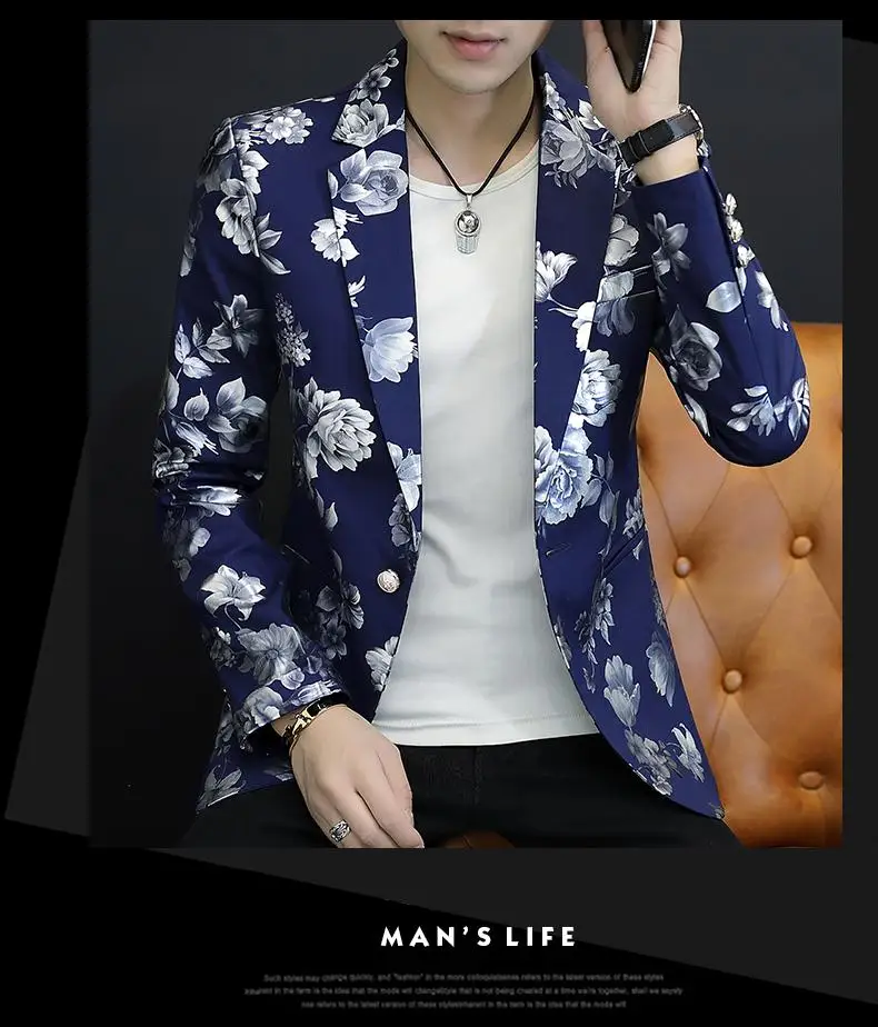 Цветочный мужской дизайн блейзера Повседневный Модный цветочный принт мужской s костюм фрак мужской пиджак блейзер - Цвет: Blue 306B-2-XF607